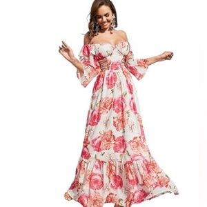 Giffniseti Elegant Pink Floral Chiffon Off Shoulder Maxi Dress NWT 1X